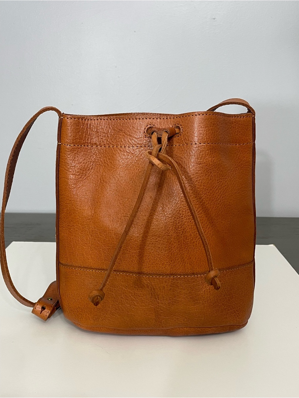 Classic Leather Drawstring Bucket Crossbody in Cognac Brown